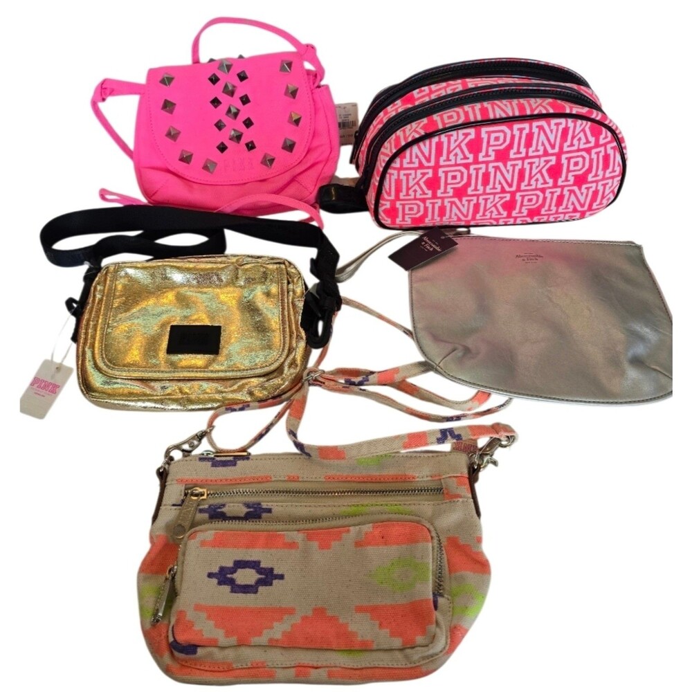 5pc VS PINK tote bag makeup cosmetic double zippered case cross-body bag NEW WT
